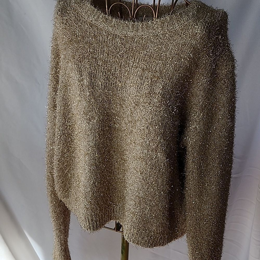 Shaggy Champagne Festive Holiday Shimmer Sparkle Round Neck Sweater Size L